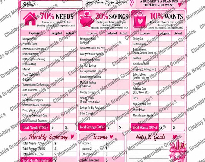 Pink 70-20-10 Budget Planner Printable | Glam Monthly Savings Tracker (PDF)