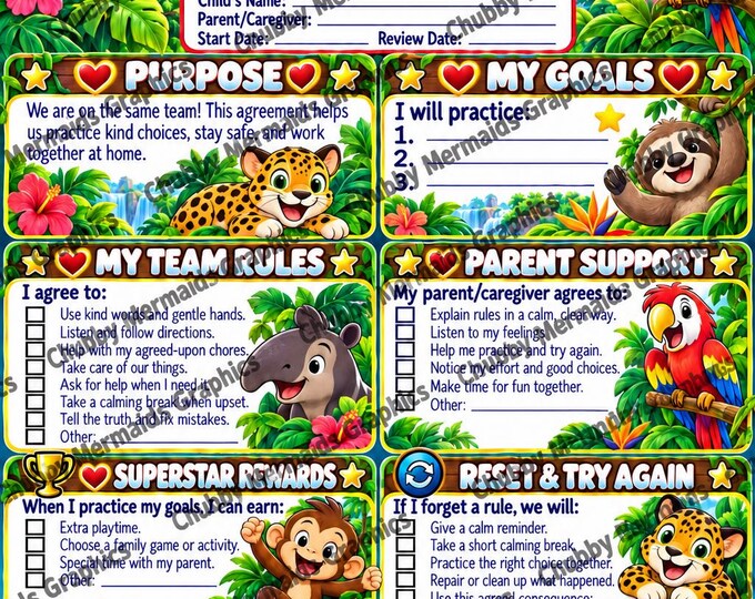 Jungle Animals Parent-Child Contract | Family Rules, Goals, Rewards (PDF)