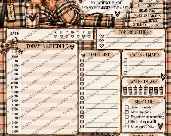 Funny Menopause Daily Planner | Plaid Self-Care Organizer (PDF)