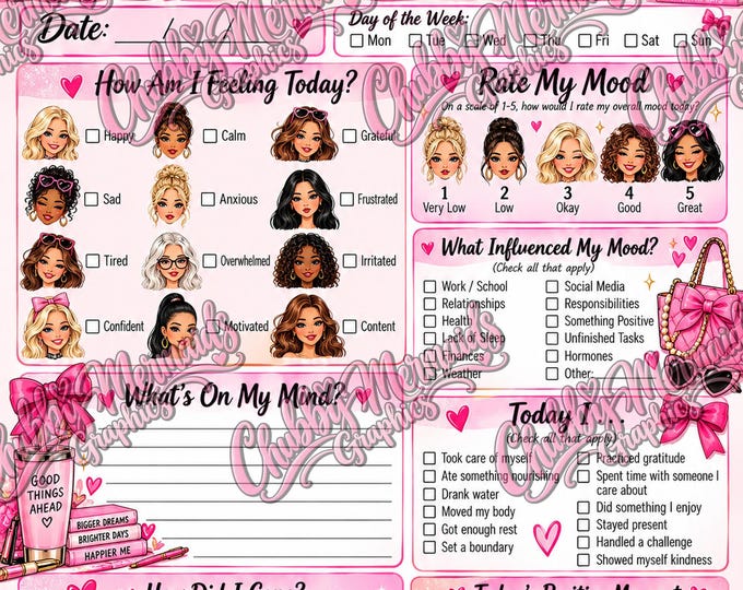 Pink Glam Mood Log Printable | Barbie-Inspired Self Care Tracker (Digital Download)