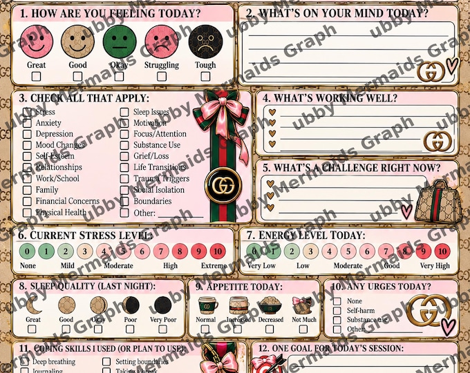 Designer-Inspired Therapy Check-In Form | Mental Health Counseling Worksheet (Digital Download)