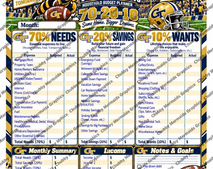 Georgia Tech Budget Planner | 70-20-10 Monthly Savings Tracker (PDF)