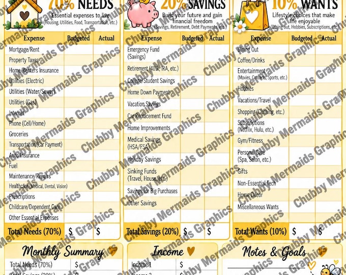 Bee Budget Planner Printable | 70-20-10 Monthly Budget Worksheet | Honeycomb Savings & Expense Tracker | 8.5x11 PDF