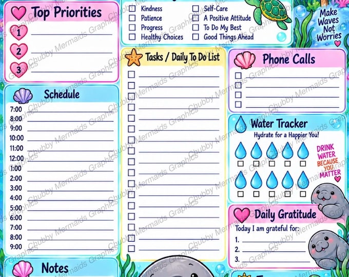 Manatee Daily Planner Printable | Ocean Theme Schedule, To-Do List, Gratitude (Digital Download)