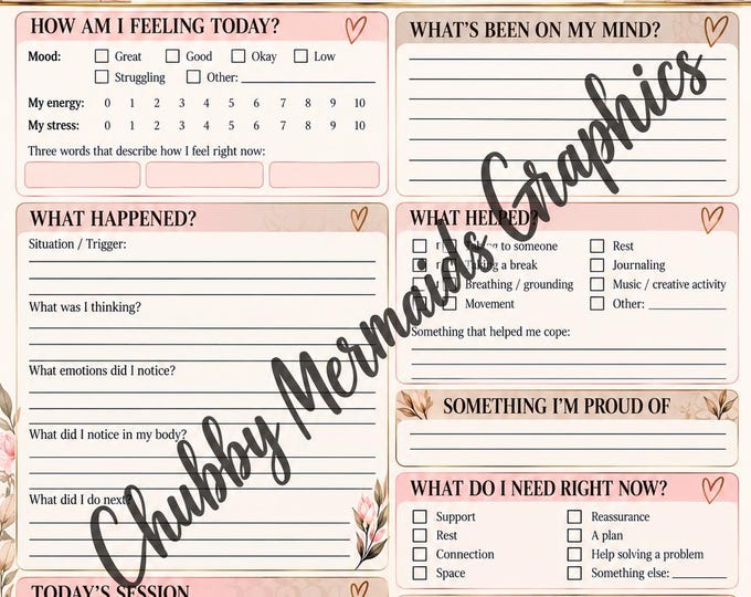 Therapy Check-In Worksheet | Mental Health Reflection Journal (Digital Download)