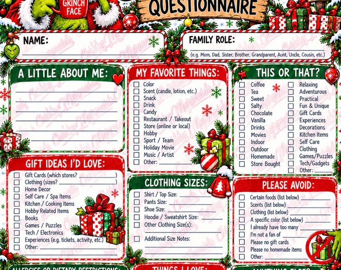 Grinch-Inspired Family Secret Santa Questionnaire | Christmas Gift Exchange (Digital Download)