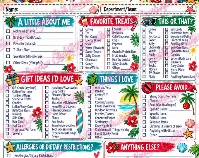 Tropical Christmas Secret Santa Questionnaire | Beach Theme Gift Exchange Form (Digital Download)