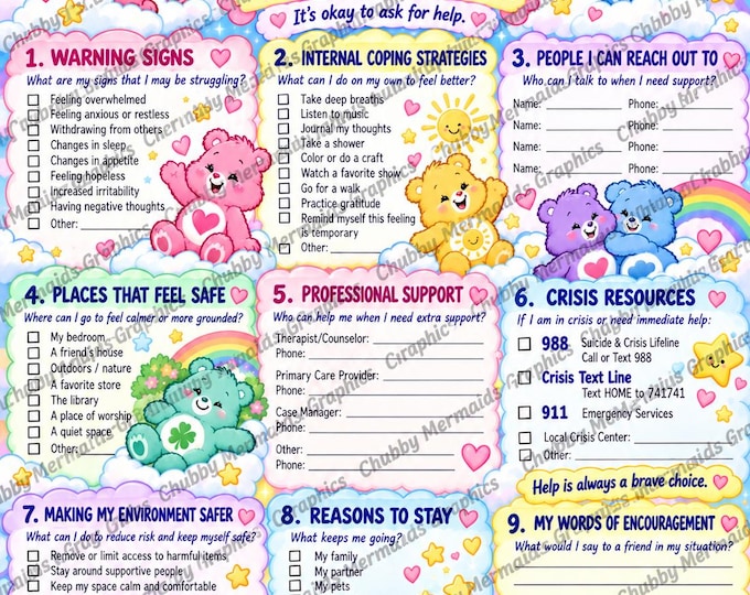 Pastel Rainbow Teddy Bear Safety Plan Printable | Mental Health Coping Worksheet (PDF)