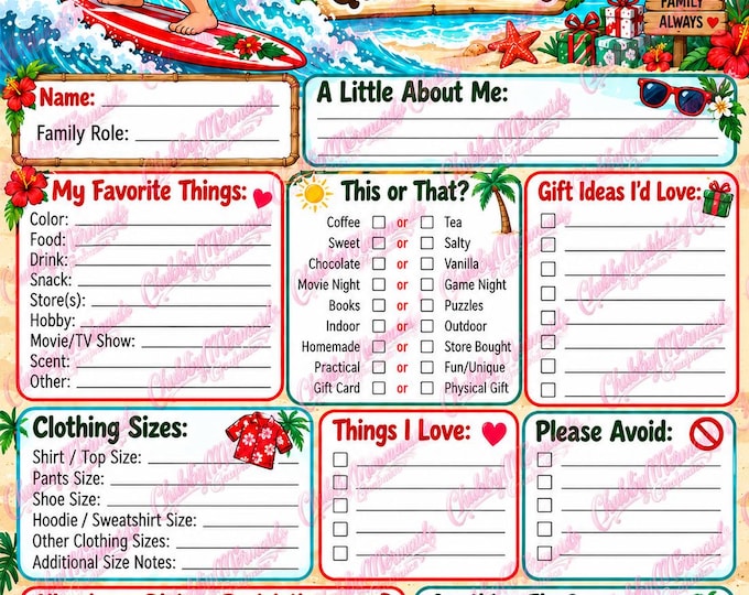 Surfing Santa Family Secret Santa Questionnaire | Tropical Christmas Gift Exchange (Digital Download)