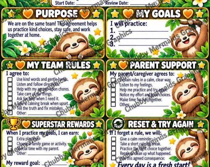Sloth Parent-Child Contract Printable | Family Goals, Rules & Rewards (PDF)