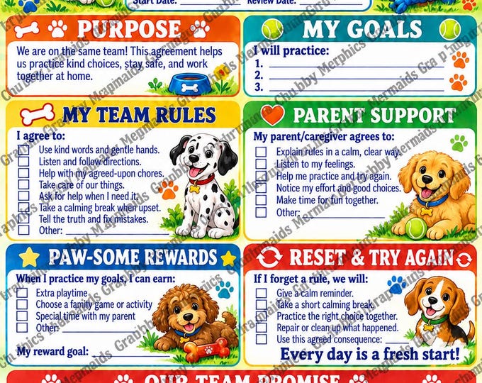 Puppy-Themed Behavior Contract for Kids Ages 6-10 | Family Rules & Rewards (PDF)