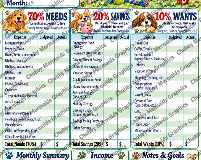 Dog Themed Budget Planner | 70-20-10 Monthly Savings Tracker (PDF)