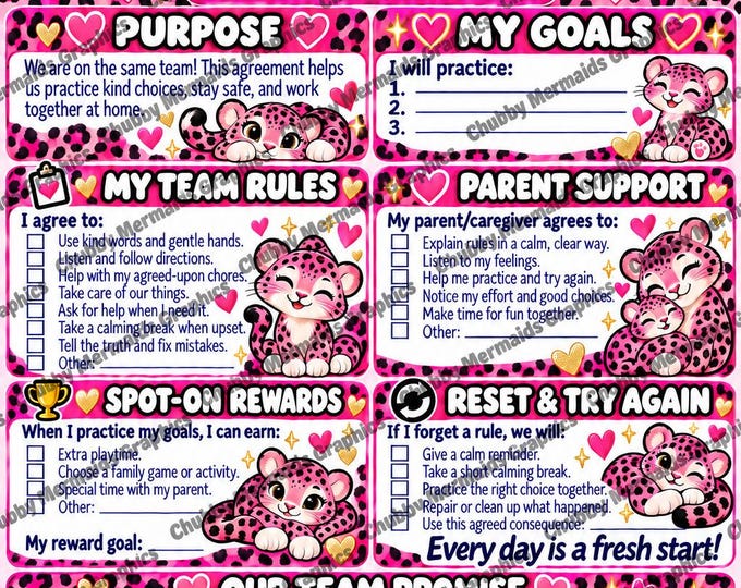 Pink Leopard Behavior Contract | Parent-Child Agreement Ages 6-10 (PDF Download)