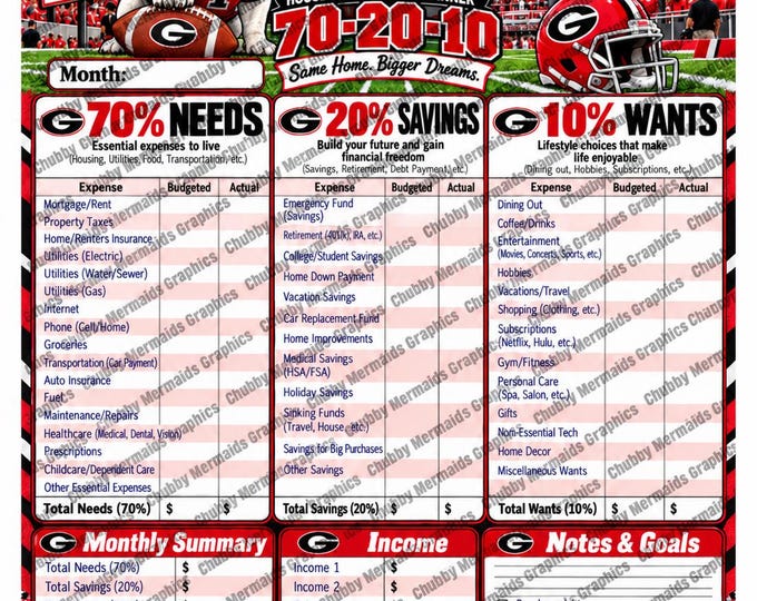 Georgia Bulldogs Budget Planner | 70-20-10 Monthly Tracker (PDF)
