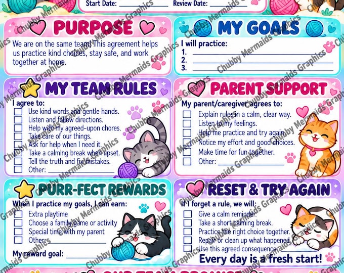 Cat Behavior Contract Printable | Ages 6-10 Family Agreement (PDF)