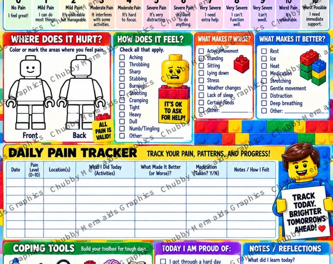 Building Block Pain Gauge & Daily Tracker Printable | Colorful Pain Scale and Symptom Log PDF