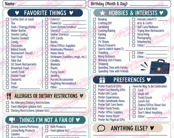 Professional Birthday Questionnaire Printable | Employee Favorites Form | Coworker Birthday Survey | Staff Appreciation | Instant Download