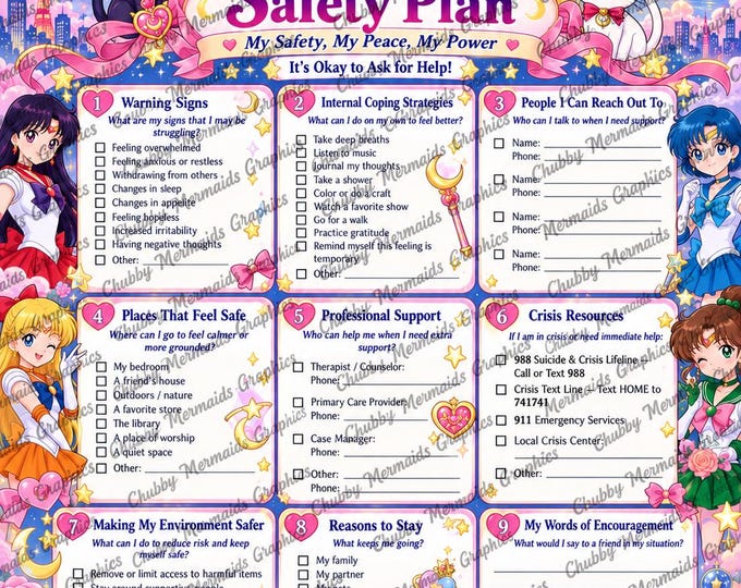 Magical Girl Safety Plan Printable | Celestial Moon Mental Health Worksheet (PDF)