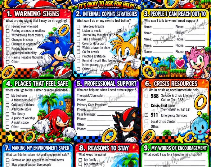 Blue Speedster Safety Plan Printable | Retro Video Game Mental Health Worksheet (PDF)