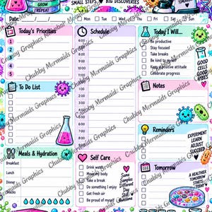 May include: A daily planner page featuring a science theme with colorful illustrations of microscopes, beakers, and cartoon viruses. The text includes Daily Planner, Small Steps Big Discoveries, Today's Priorities, Schedule, To Do List, and Science Today A Brighter Tomorrow.