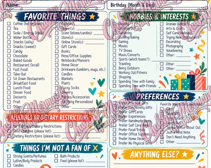 Coworker Birthday Questionnaire Printable | Office Employee Favorites (Digital Download)