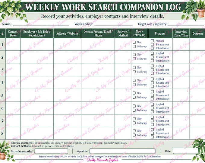 Fillable Job Search Tracker PDF | Houseplant Work Search Log | Adobe Acrobat Form | Job Application & Interview Organizer