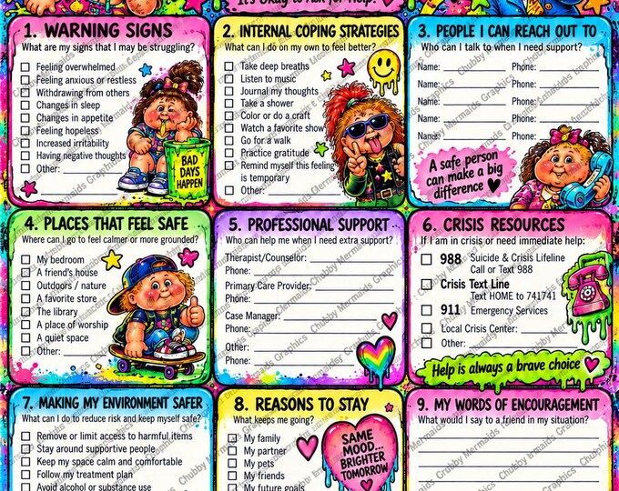 Retro Gross-Out Safety Plan Printable | Neon Slime Mental Health Worksheet (PDF)