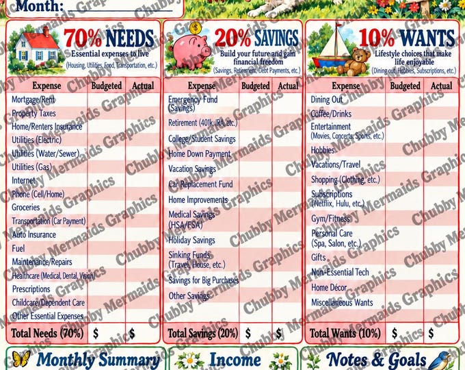 Dick Jane Spot Budget Planner | 70-20-10 Monthly Tracker (PDF)