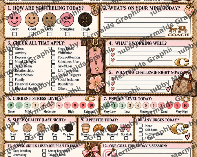 Luxury Handbag Therapy Check-In Worksheet | Mental Health Counseling Form (Digital Download)