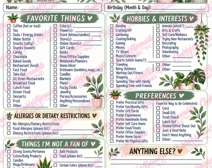 Coworker Birthday Questionnaire Printable | Office Employee Favorites (Digital Download)