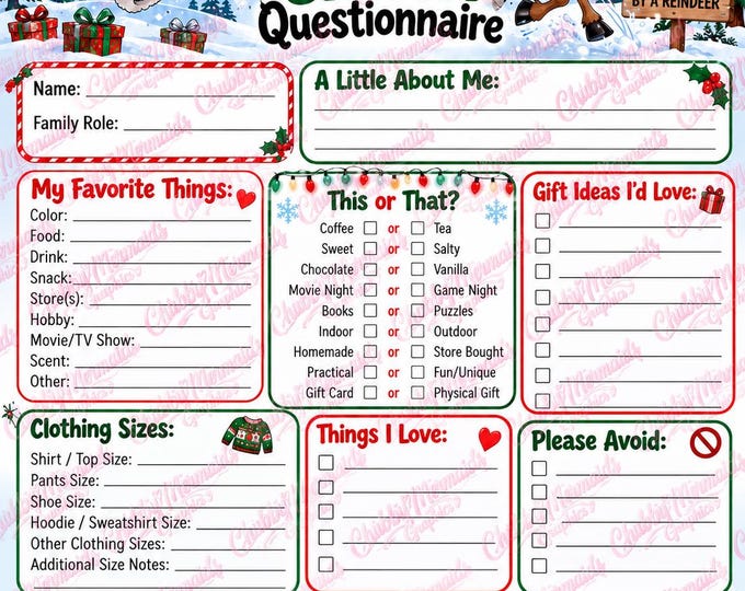 Funny Family Secret Santa Questionnaire | Grandma Reindeer Christmas Printable (PDF)