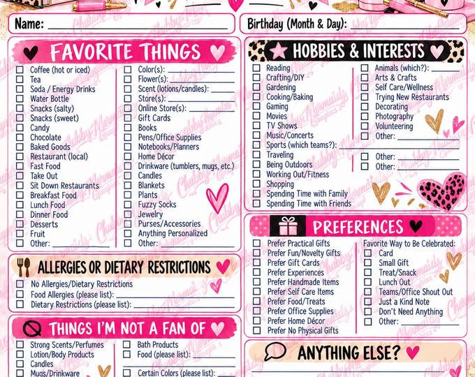 Sassy Coworker Birthday Questionnaire | Office Staff Favorites Form (Digital Download)