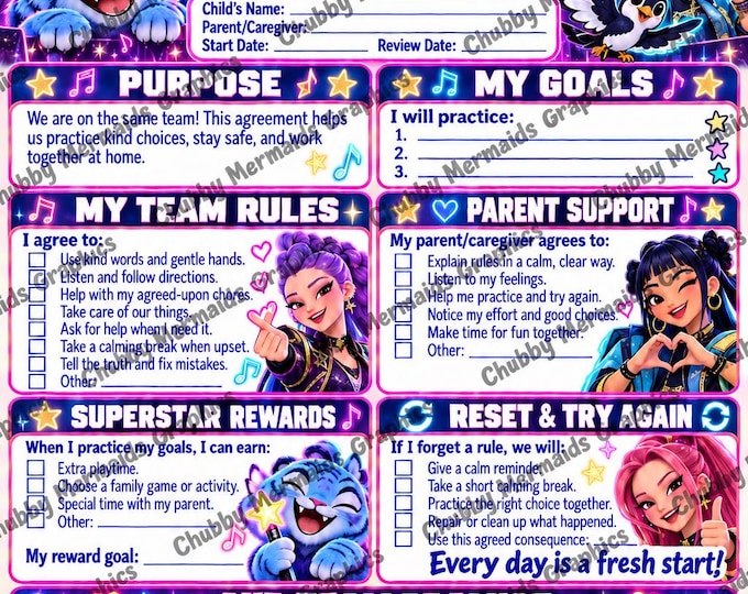 K-Pop Demon Hunters Family Contract | Ages 6-10 Behavior Goals (PDF)
