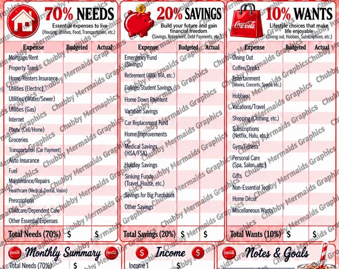 Coca-Cola Themed Budget Planner | 70-20-10 Monthly Tracker (PDF)