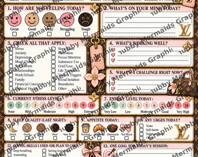 Luxury Handbag-Themed Therapy Check-In Worksheet | Mental Health Counseling Form (Digital Download)