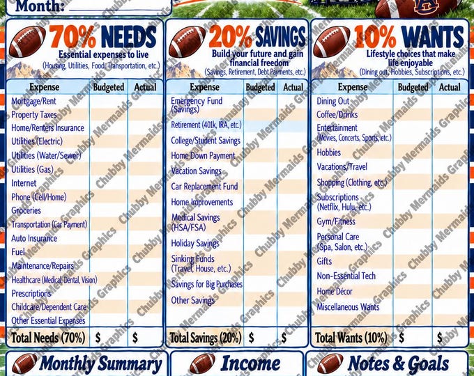 Auburn Tigers 70-20-10 Budget Planner | Football Themed Expense Tracker (PDF)