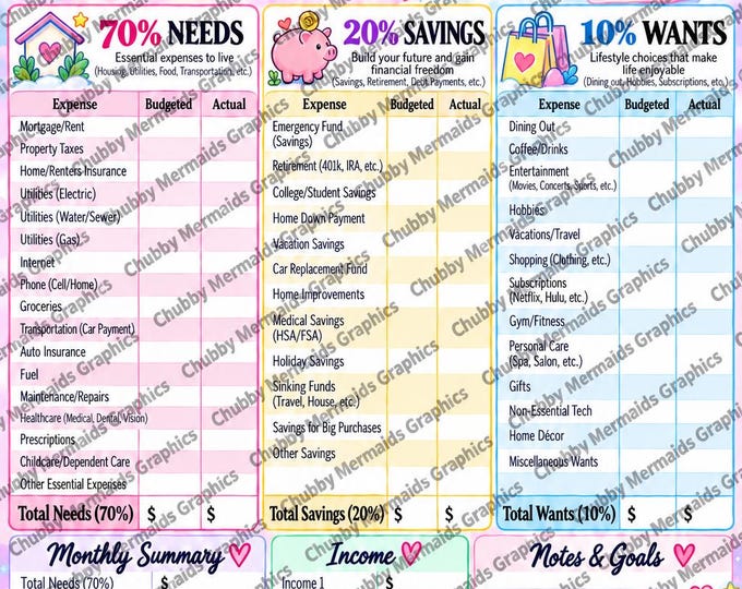 Care Bears 70-20-10 Budget Planner | Pastel Monthly Savings Tracker (PDF)