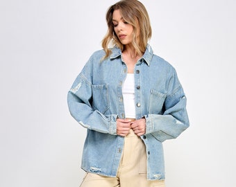 Distressed Button Down Denim Jacket