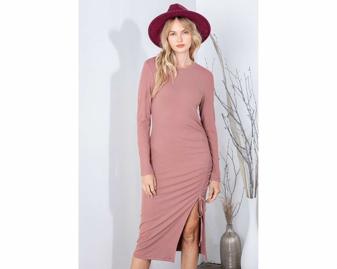 Pinterest Ribbed Solid Ringer Dress Long Sleeve Ribbed Dress With Side Ruched Detail - Etsy