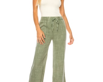 Washed Linen Wide Leg Linen Pants with Elastic Waist