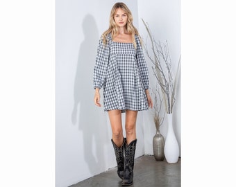 Plaid Babydoll Dress with Smocking Back Detail