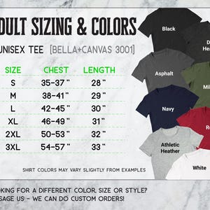 a collection of adult t-shirts in various sizes and colors, including black, gray, navy, red, athletic, and white. The t-shirts are arranged in a grid format, with each row representing a different size and color combination. The image also includes a description of the t-shirt sizes and colors, along with a message encouraging customers to look for a different color, size, or style.