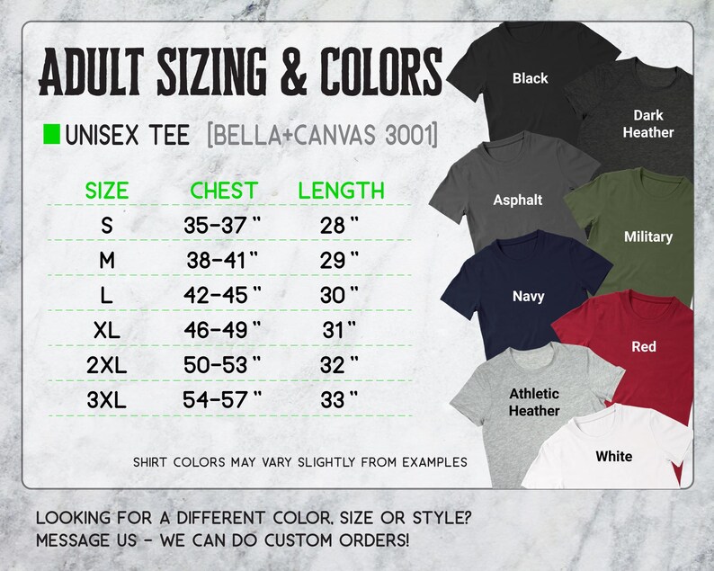 a collection of adult t-shirts in various sizes and colors, including black, gray, navy, red, athletic, and white. The t-shirts are arranged in a grid format, with each row representing a different size and color combination. The image also includes a description of the t-shirt sizes and colors, along with a message encouraging customers to look for a different color, size, or style.
