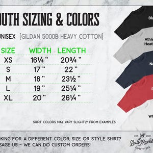a collection of youth shirts in various sizes and colors, including black, athletic, navy, red, and white.
