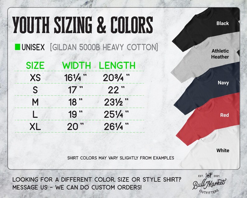 a collection of youth shirts in various sizes and colors, including black, athletic, navy, red, and white.