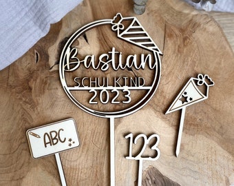 Cake Topper Schoolchild Set / Caketopper ABC 123 School Cone made of Wood / Cake Topper School Enrollment