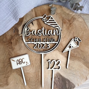 Cake Topper Schulkind Set / Caketopper ABC 123 Schultüte aus Holz / Kuchenstecker Einschulung