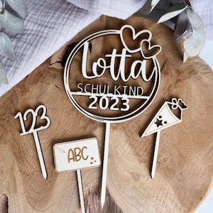 Cake Topper Schulkind Set / Caketopper ABC 123 Schultüte aus Holz / Kuchenstecker Einschulung