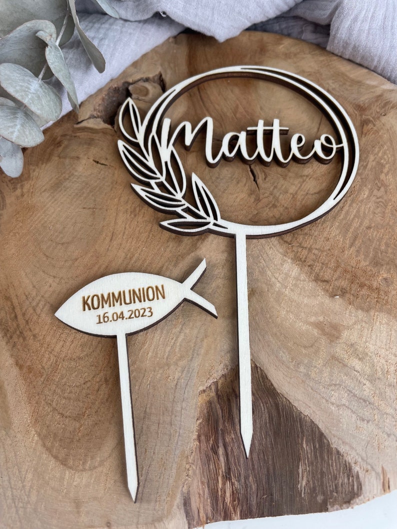 Caketopper zur Taufe / Kommunion / Konfirmation / Geburtstag / Kuchendeko personalisiert mit Namen / Fisch mit Datum Bild 4