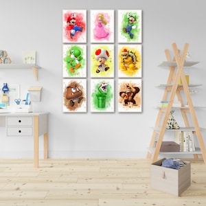 Super Mario druckbares Set von 9, Super Mario Aquarell Kunst Poster für Kinderzimmer, Wanddekor, Kinderzimmer Geschenk, druckbare Wandkunst Bild 9